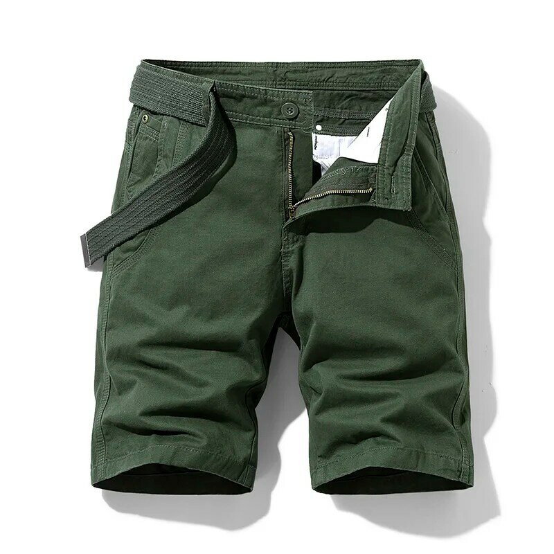 Pantalones cortos transpirables de viaje para hombre, 100% algodón, hasta la rodilla, rectos, informales, de cintura media, con cinturón, Safari