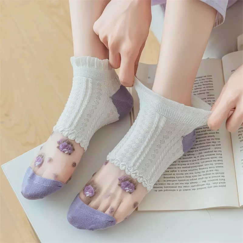 5 Pairs Women Socks Short Fashion New Novelty Casual Ankle Socks For Woman Multipack Flower Purple Sweet Lace Transparent Socks