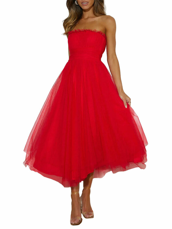 Women s Summer Strapless Bodycon Tulle Dress Elegant Backless Midi Prom Dress Cocktail Wedding Party A Line Dress