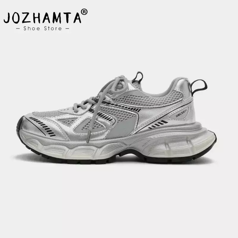 JOZHAMTA sepatu wanita ukuran 35-40 Sneakers kulit jaring hak tinggi untuk wanita sepatu bertali kasual mode sepatu Platform tren 2023
