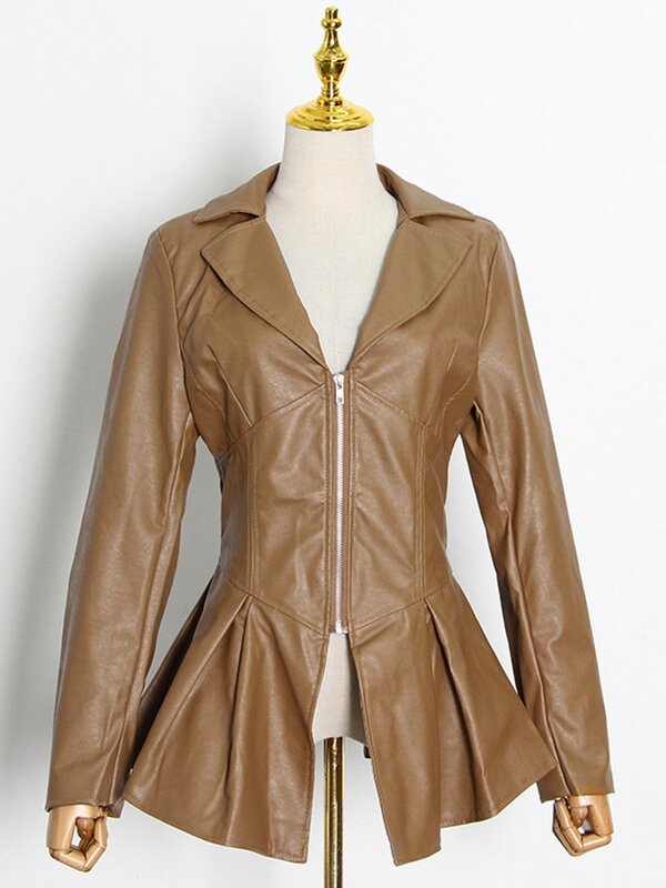 Женская кожаная куртка на молнии KBQ, однотонная облегающая куртка с отложным воротником и длинным рукавом, со складками, с разрезом, в уличном стиле