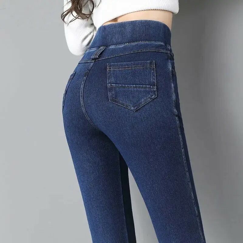 Jeans Skinny Ukuran Besar Wanita Mode Korea Celana Panjang Kasual Ala Jalanan Musim Semi Musim Gugur Celana Pensil Pinggang Tinggi Elastis Saku Denim