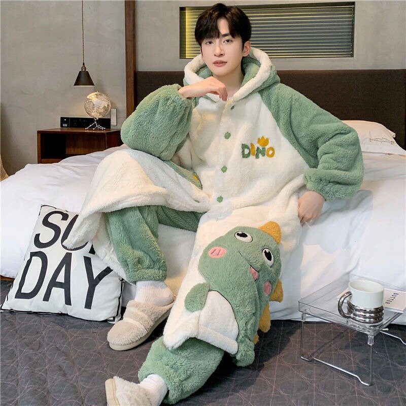 Winter New Male Coral Fleece Thickened Warm Loose Pajamas Suit Men Hooded Loungewear Suit Long Large Size Cartoon Nightclothes