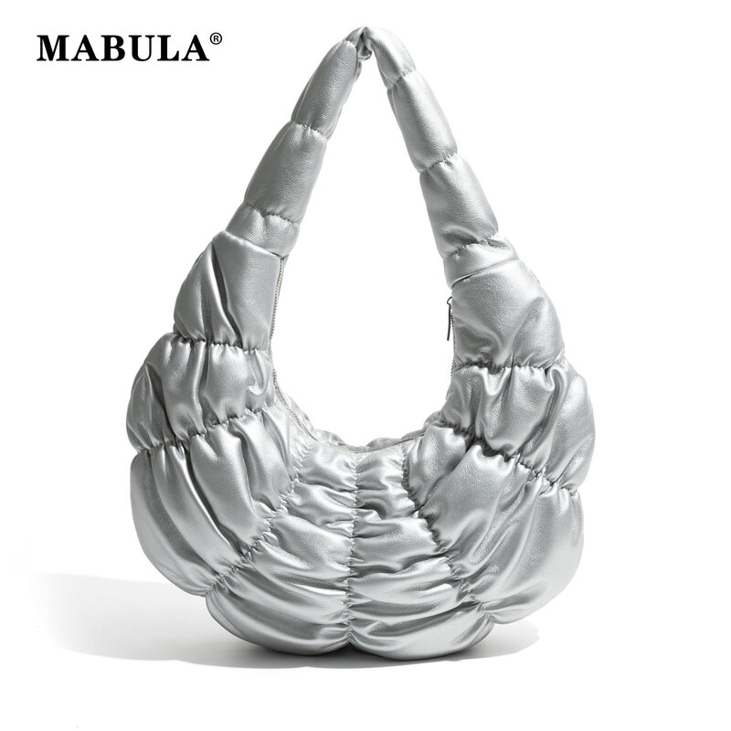 MABULA Silver Pleated Cloudy Shape Fashion Shouder Purse For Woman PU leather Solid Stylish Top Handle Handbag Ladies Hobo Bag