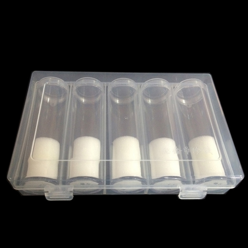 6 buah casing bulat bening plastik, pemegang tabung pelindung koin dengan kotak penyimpanan (5 tabung + 1 kotak penyimpanan)