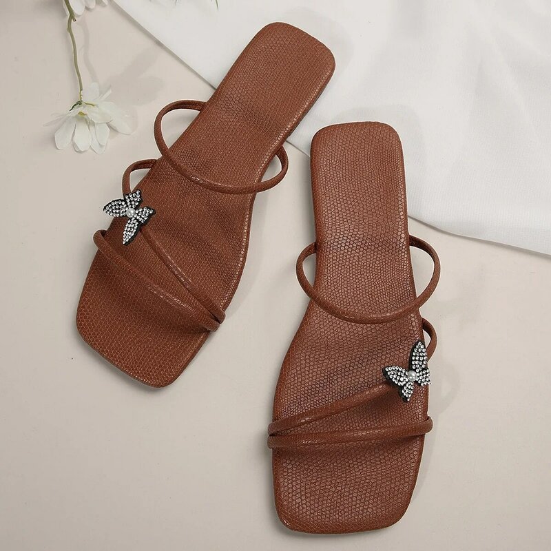 2024 New Spring and Summer Wear Solid Color Square Head Flat Bottom Simple Design Sense Hollow-out Large-size Women's Sandals
