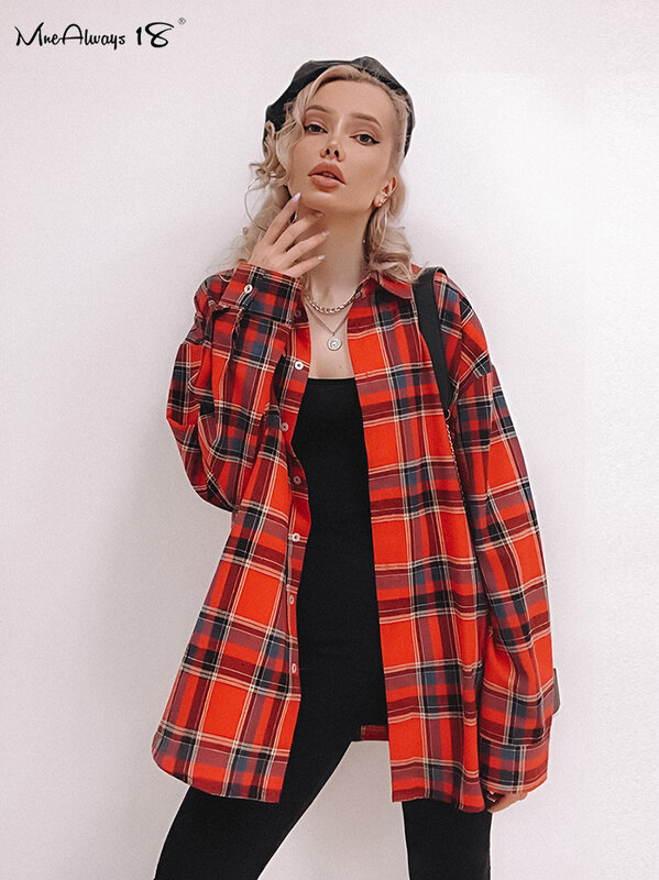 Mnealways18 Bright Gingham Oversized Shirts For Women Street Style Casual Shacket Blouses And Tops Single-Breasted Spring 2024