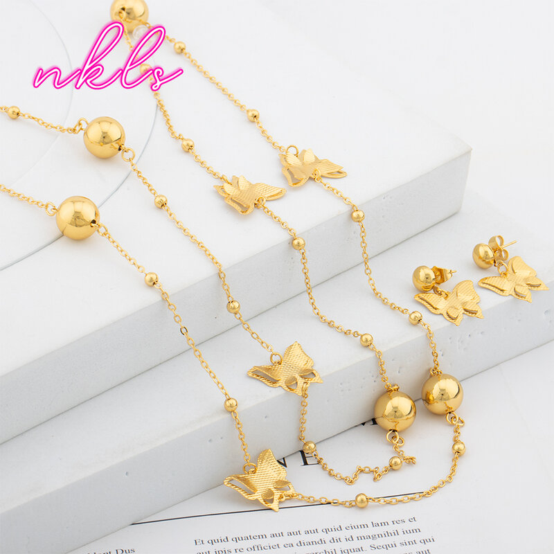 Dubai Vintage Fashion Long Necklaces for Women Bohemian Stud Earings Jewelry Set Copper Gold Plated Statement Necklace Gifts