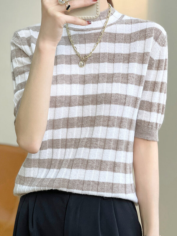 Neue Mode gestreifte Frauen Pullover Mock-Neck Kurzarm 100% Merinowolle Strickwaren Frühling Sommer weibliche T-Shirt Frauen Pullover