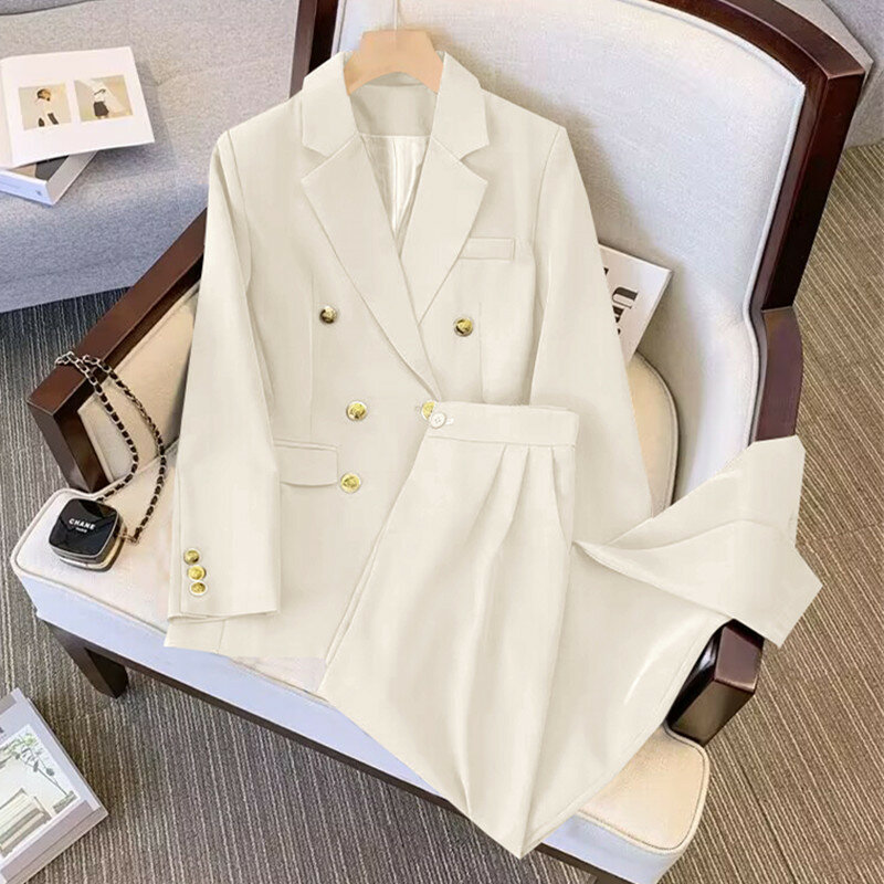 Women's Double Breasted Notched Blazer Jacket Woman Loose Fit Solid Fashion Office Ladies Coat Top Two Pockets Long Sleeve Tops