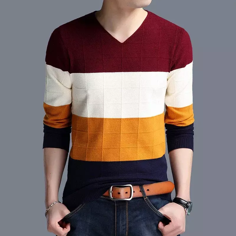 เสื้อถักแบบสวมหัวลายทาง MODE Korea เสื้อสเวตเตอร์แขนยาวของผู้ชายเสื้อสเวตเตอร์แคชเมียร์ลำลองสำหรับผู้ชาย Y2k ฤดูหนาว