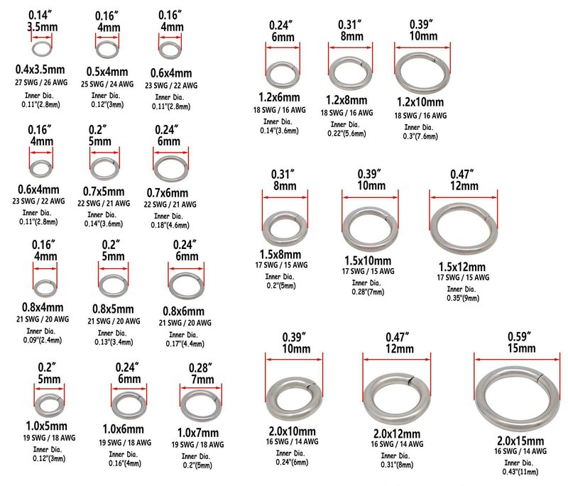 Anéis de salto de aço inoxidável, metal redondo, Split fechado, 4mm, 5mm, 6mm, 7mm, 8mm, 9mm, 10mm, 12mm, 15mm, 250 PCes, 1000 PCes, 5000 PCes