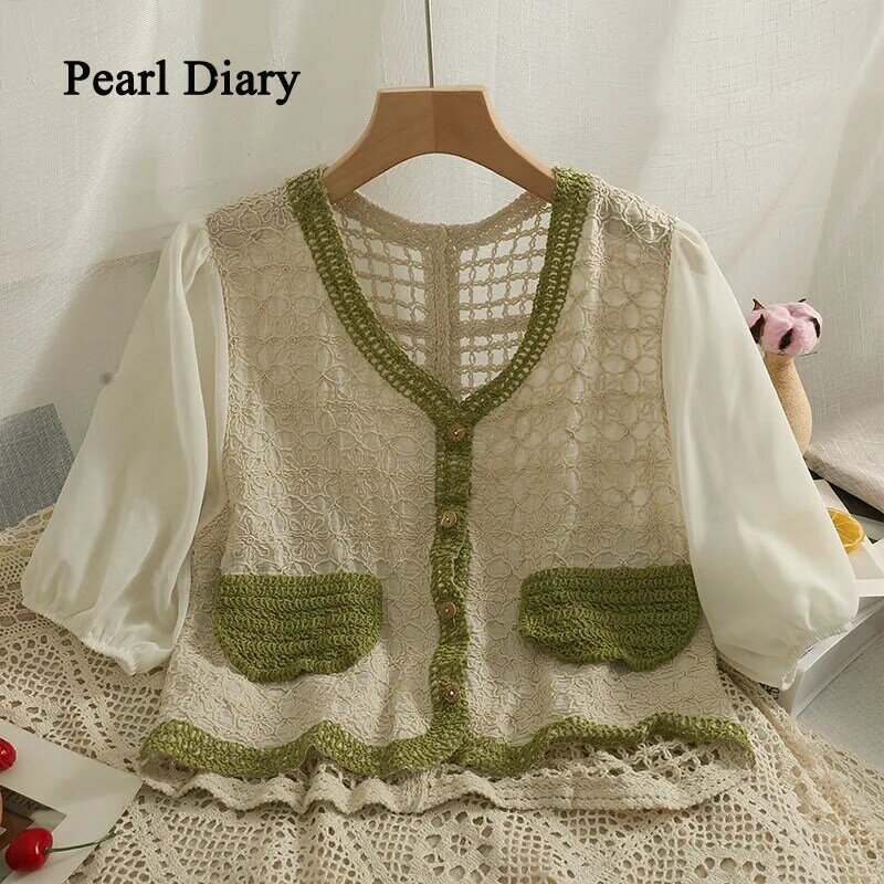 Pearl Diary  Contrast Color Join Together Bubble Sleeves Top Women Low Neck Single-Breasted Shirts Hollow Out Thin Top