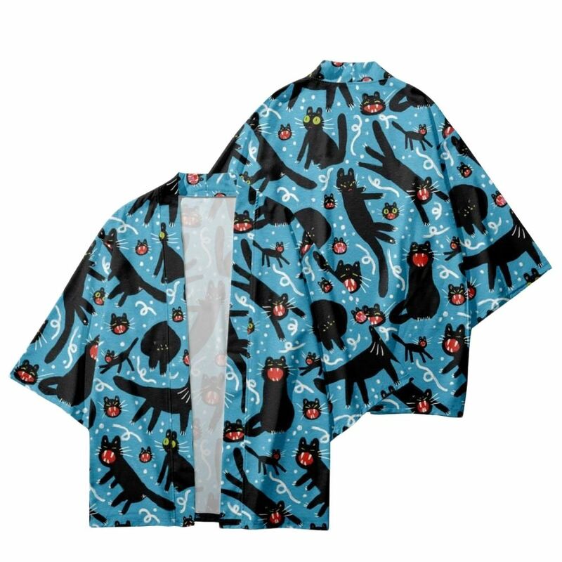 Kimono con estampado de gato negro para hombre y mujer, ropa de calle suelta, camisa japonesa, cárdigan Haori, Cosplay, Yukat, Verano