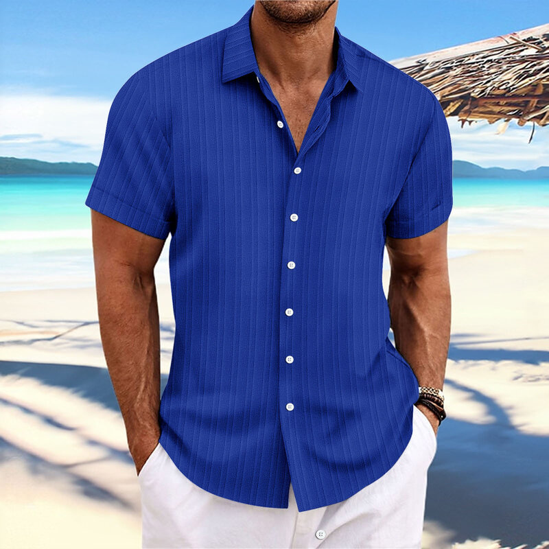 Camisa holgada de manga corta para hombre, camisa de lino a rayas, jacquard, moda informal, moda explosiva transfronteriza, Amazon Express, 2023