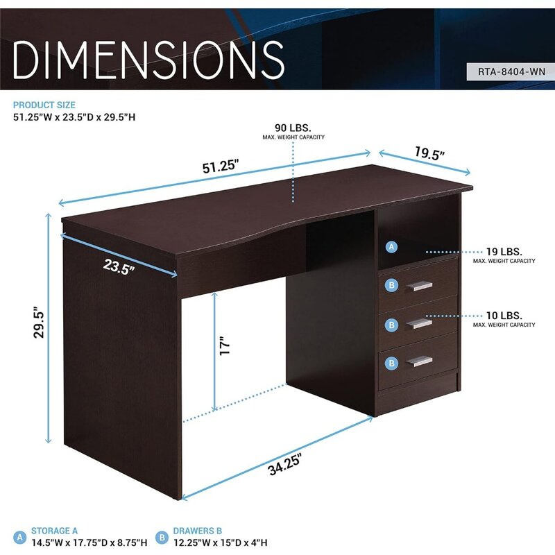 Klasyczne biurko komputerowe Techni Mobili z wieloma szufladami, 29.5 "x 23.6" x 51.2 ", Wenge