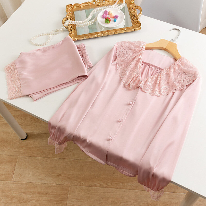 Women's Pink Satin Lace Pajamas Pyjamas Set Button Pijama Sleepwear Nightwear Home Clothing