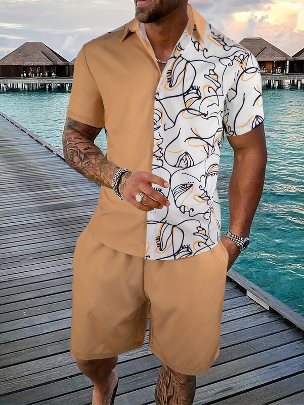 Setelan baju pantai ukuran besar pria, kemeja kasual lengan pendek bercetak 3D untuk pria