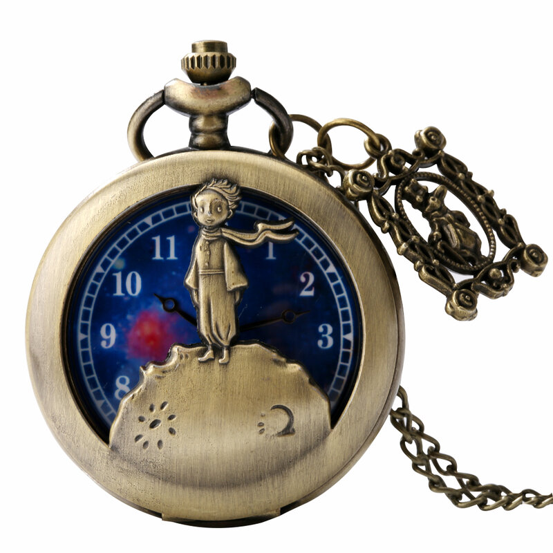 Céu estrelado azul dial bronze pequeno príncipe relógio de bolso de quartzo camisola corrente oco colar pingente relógio com coelho acessório