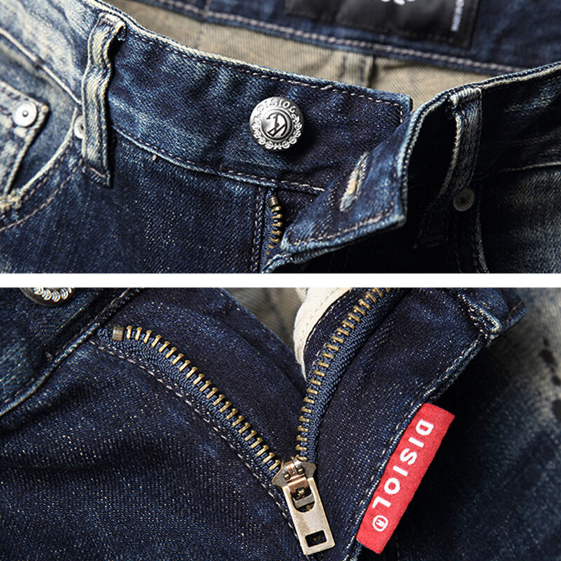 Pantalones vaqueros de moda urbana para Hombre, Jeans Retro elásticos, ajustados, con agujeros, rasgados, de diseñador, Hip Hop