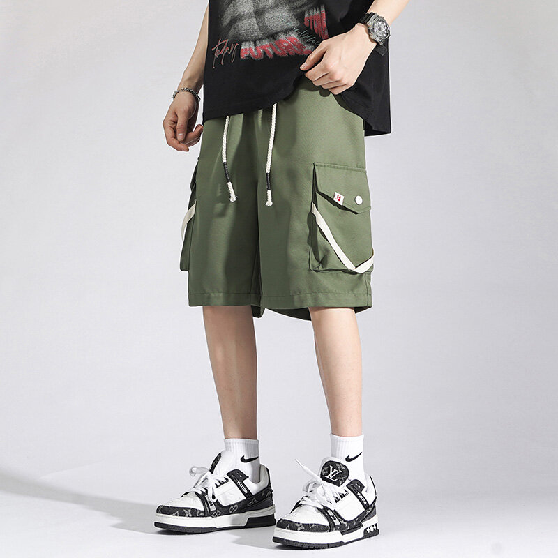 Calça curta masculina de perna larga, streetwear coreano, meia calça larga, bolsos múltiplos, tamanho grande, verão clássico