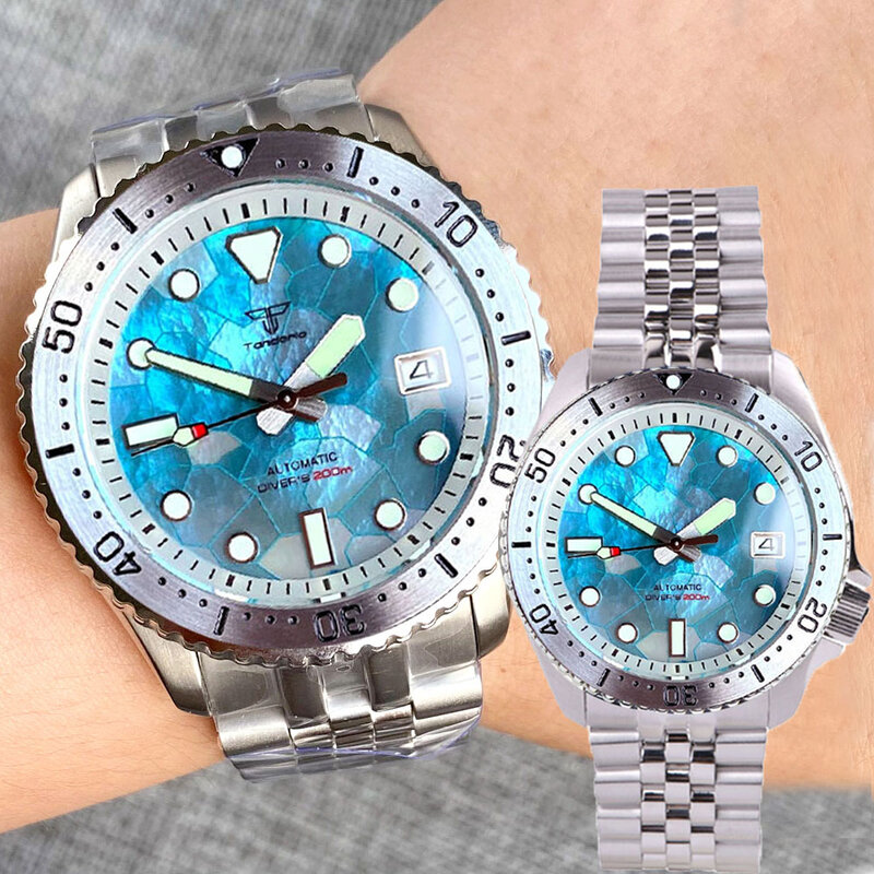 SKX Mod NH35 jam tangan pria mekanis, jam tangan pria anti air 20bar, Bezel biru es, tombol putar 120 klik, Mod NH35