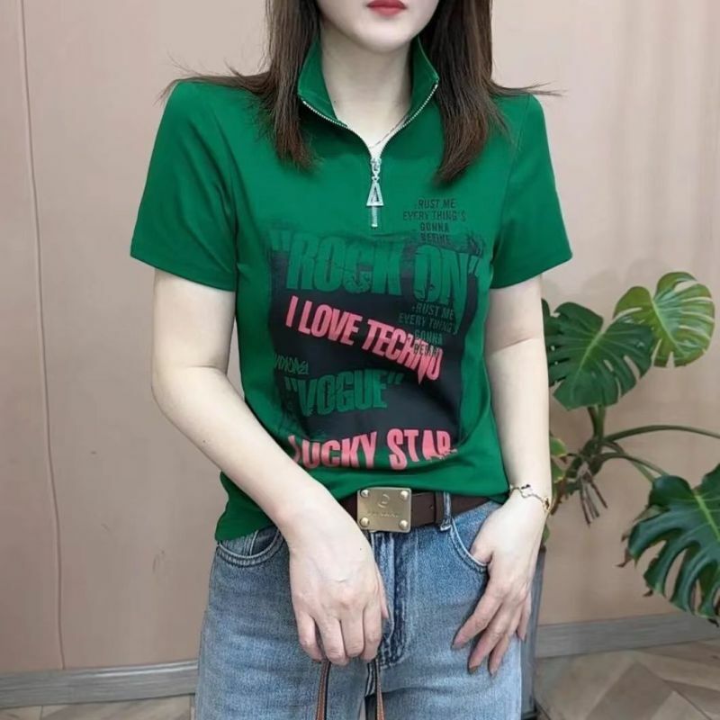 Summer New Women's Pullovers Fashion Casual Slim Korean Stand Collar Printed Zipper Spliced Short Sleeve All-match T-shirt Tops