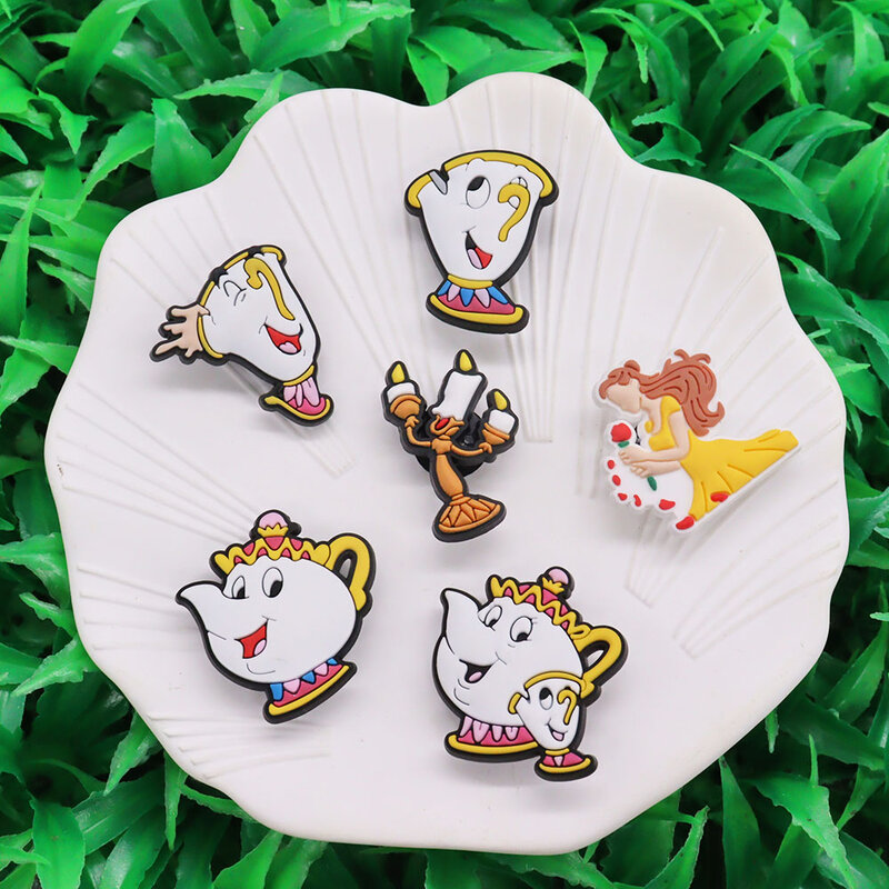 1-6Pcs  Beauty and the Beast Belle Disney Shoe Buckle Charms Mrs. Potts Kids PVC Accessories DIY Cartoon Backpack