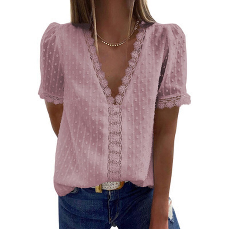 Spring and Summer Casual V-neck Chiffon Shirt Embroidered Lace Short-sleeved Top