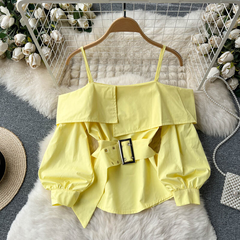 Женская блузка с открытыми плечами, милый облегающий топ с рукавами-фонариками и поясом в уличном стиле, весна 2023