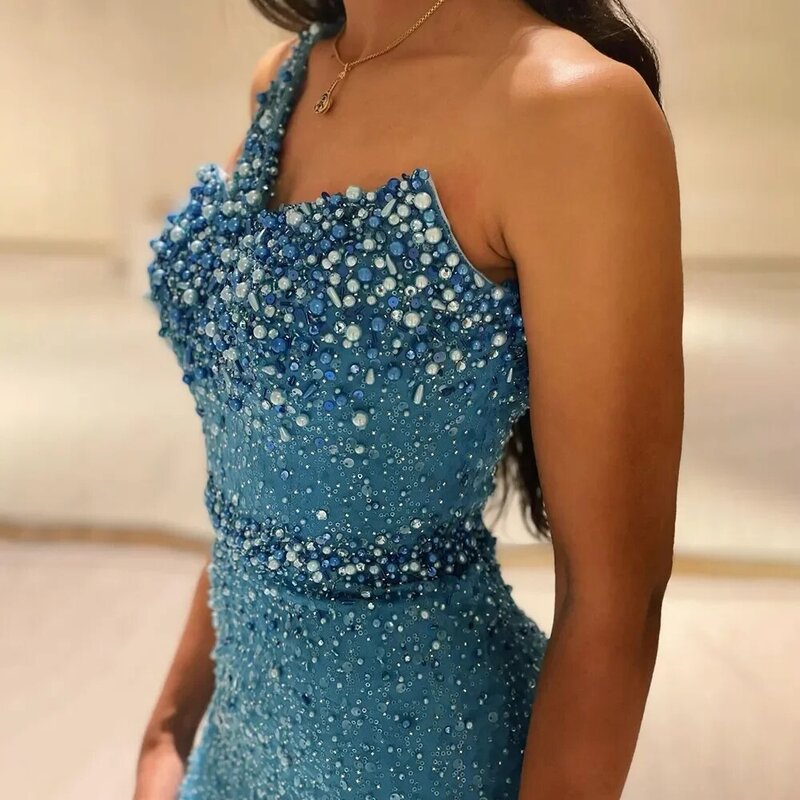 Flavinke Luxury Dubai Turquoise Blue Mermaid Evening Dresses for Women One Shoulder Arabic Formal Party vestidos de noche