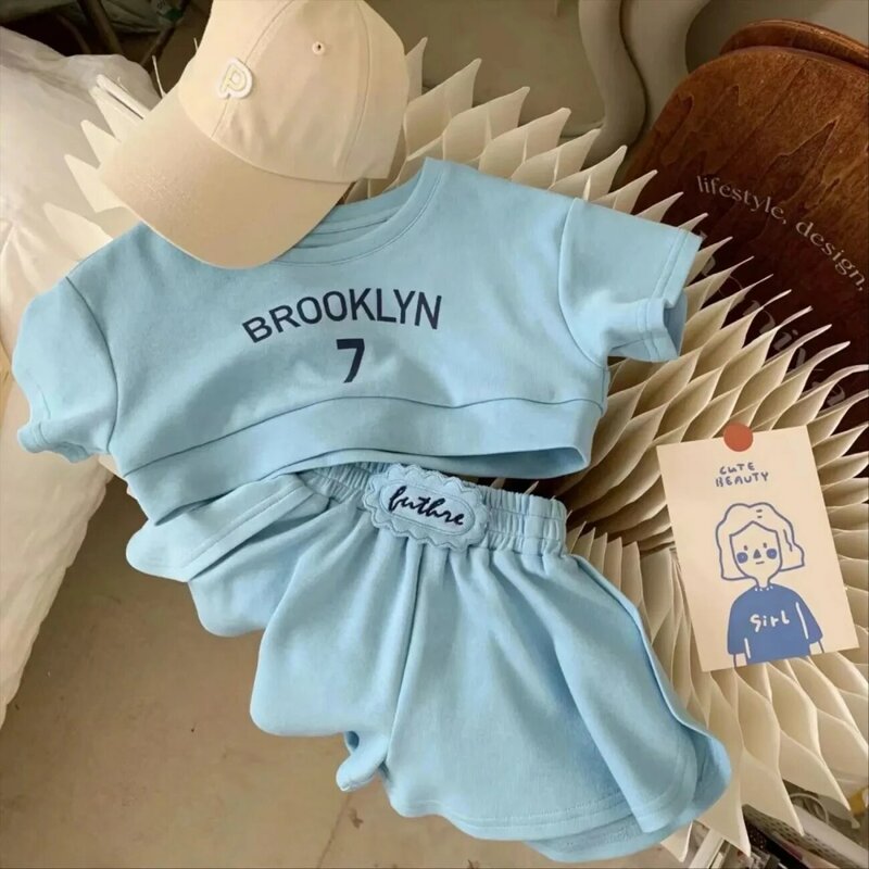 Conjunto de ropa para bebé niña, camiseta de manga corta de algodón extranjero, pantalones cortos, edición coreana, verano, nuevo, 2 piezas