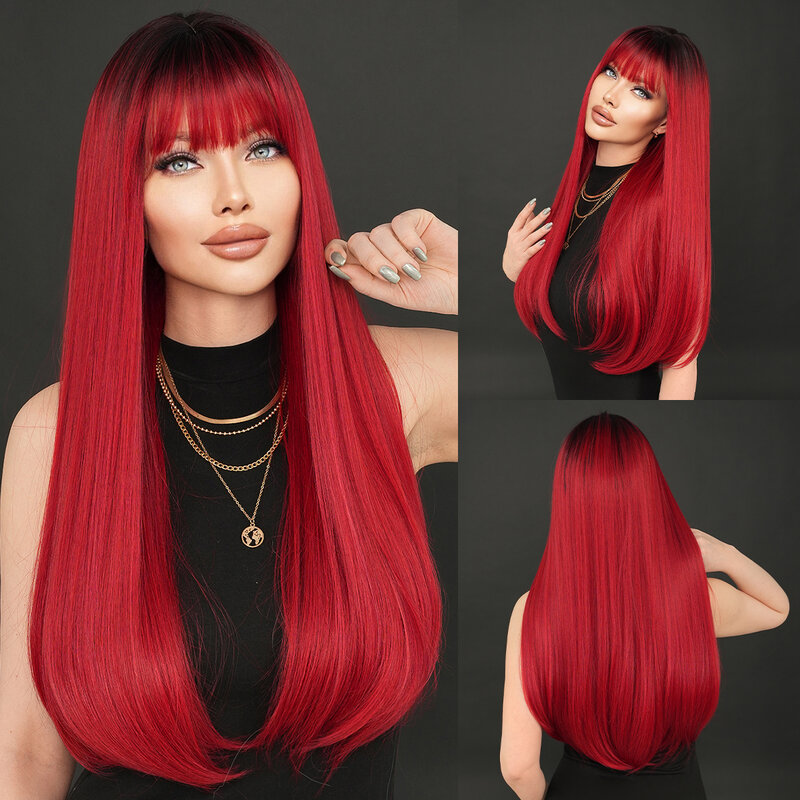 NAMM-perucas retas longas com raízes escuras para mulheres, cabelo com franja resistente ao calor, cabelo sintético vermelho profundo, alta densidade, uso diário