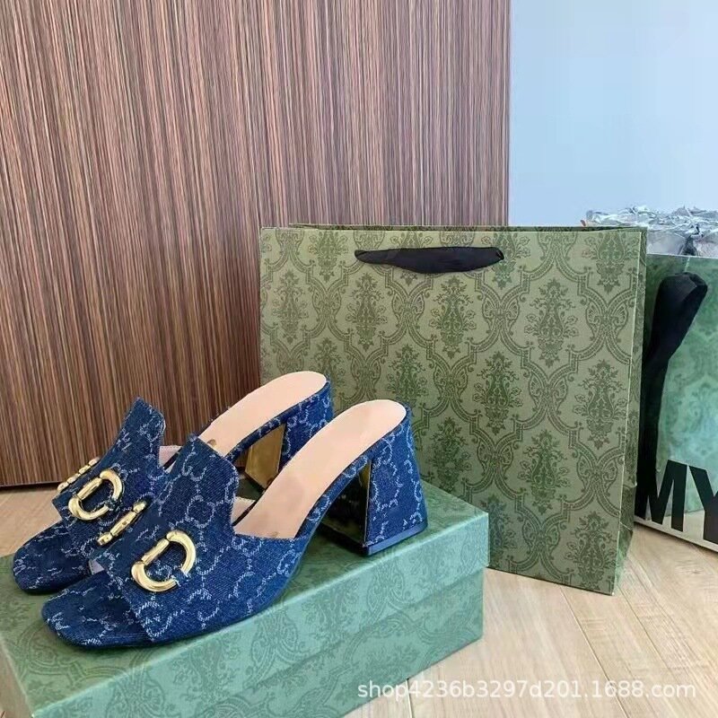Zapatos de charol genuino de alta calidad para mujer, calzado informal de tacón medio grueso, talla 40, logotipo famoso, azul, vaquero