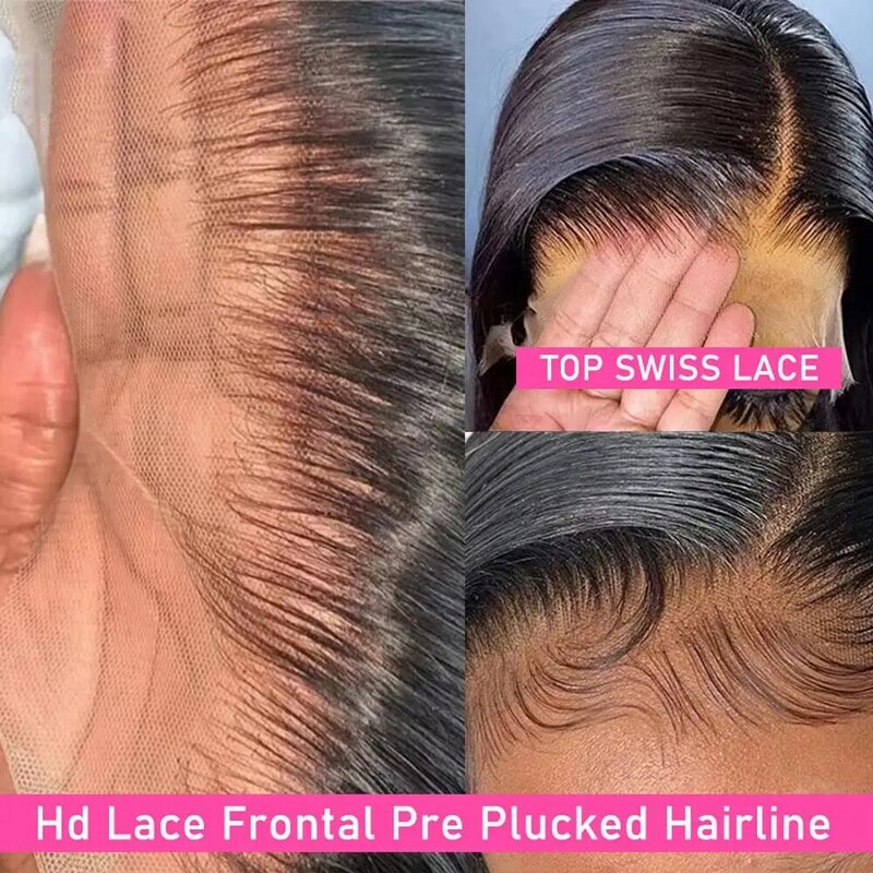 Perruque Lace Front Wig naturelle lisse, cheveux humains, 13x4, pre-plucked, avec baby hair, transparent HD, pour femmes