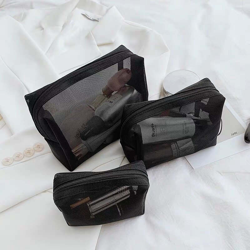 1/3 buah tas kosmetik bening Mesh kecil tas Makeup hitam besar Organizer perlengkapan mandi perjalanan portabel casing kantong penyimpanan lipstik
