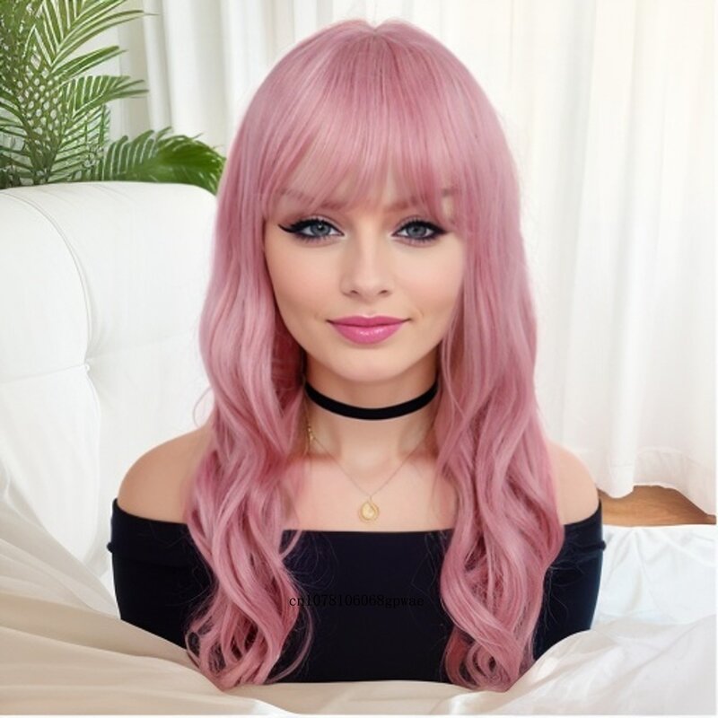 Wig rambut sintetis merah muda panjang, Wig Cosplay Bob Lolita berombak halus dengan poni untuk wanita gadis pesta tahan panas