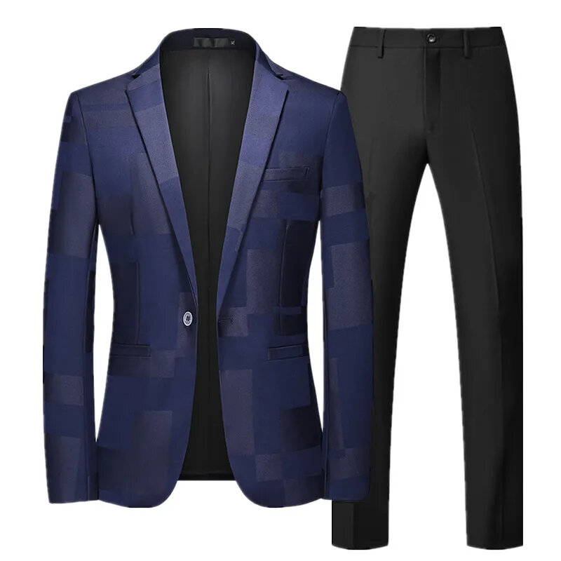 Traje clásico de jacquard para hombre, Blazers y pantalones, negro, blanco, azul, negocios, boda, banquete, fiesta