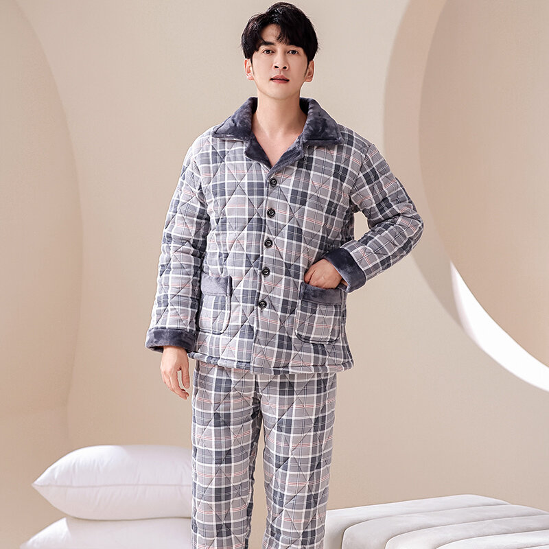 Pijama xadrez espesso masculino, lapela, roupa de casa, pode ser desgastado externamente, inverno