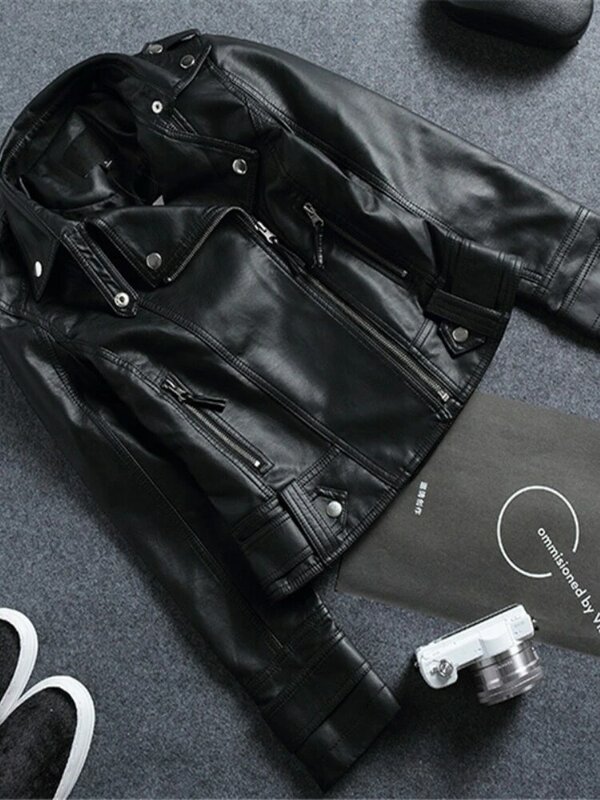 2024 Spring and autumn new slim-fit lapel leather coat women's short coat women's pu jacket motorcycle suit