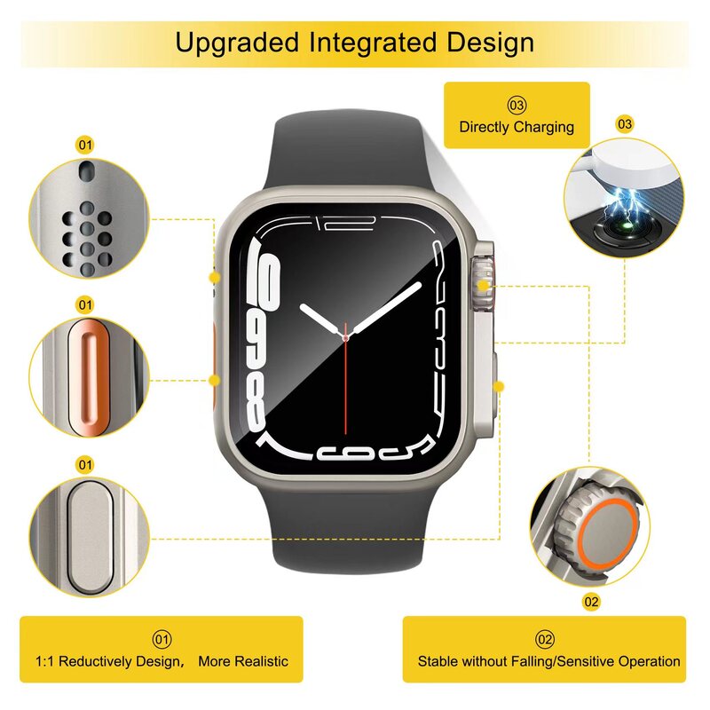 Cristal y funda para Apple Watch, cubierta protectora de pantalla, actualización a Ultra iWatch Series 4, 5, 6, 7, 8, 9, 45mm, 41mm, 44mm, 40mm