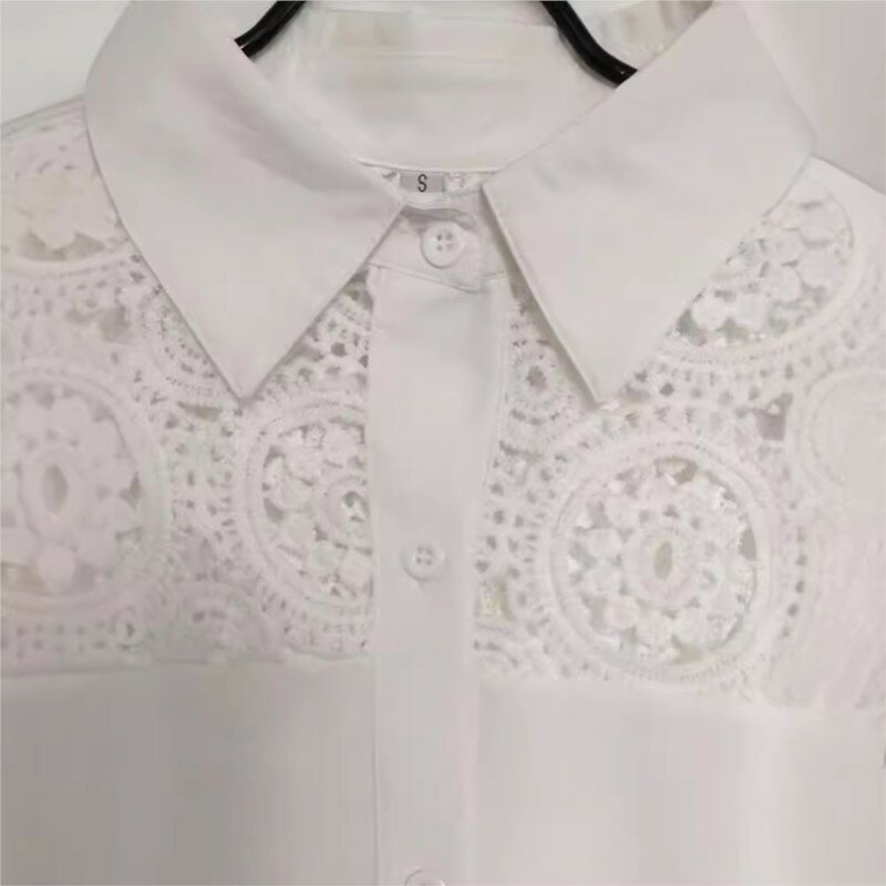 Camisa feminina de manga comprida oca com decote em v, elegante gola virada para baixo, blusas de renda, única, primavera e verão, novo, 2024