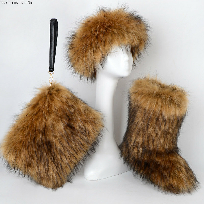 Set di tre pezzi di peluche e cinghie di pelliccia addensate, borsa per il trasporto, stivali da neve da donna in finta pelliccia di volpe