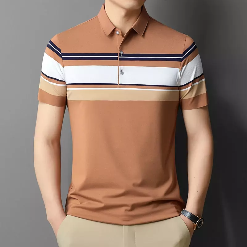 T-shirt z krótkim rękawem, męska letnia koszulka Polo w paski cienki stylowy biznes na co dzień