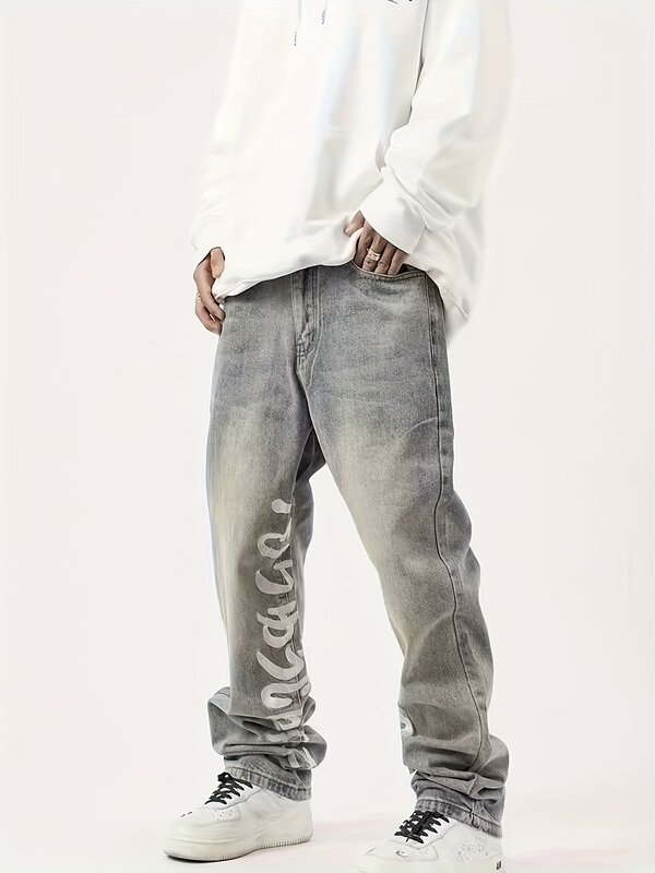 Celana Jeans panjang lurus untuk pria, celana Jeans grafiti kasual Mode Korea warna Solid ringan untuk pria