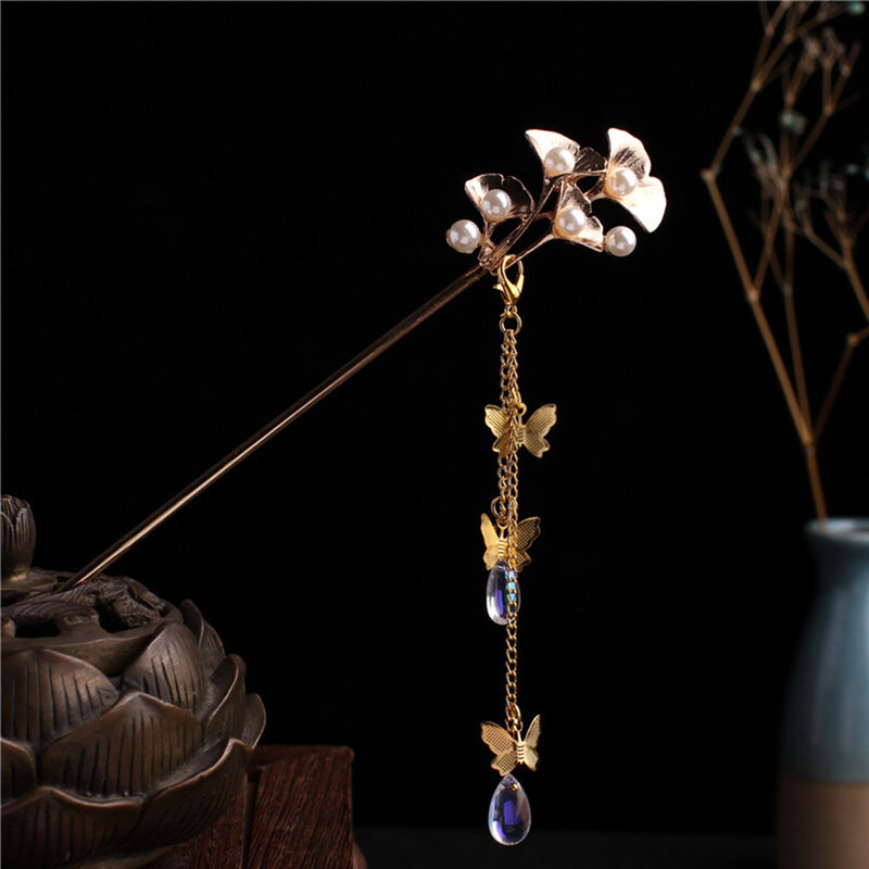 Nuziale stile antico cinese farfalla nappa classica perla bastoncini per capelli accessori per capelli piatto forchetta per capelli nappa tornante