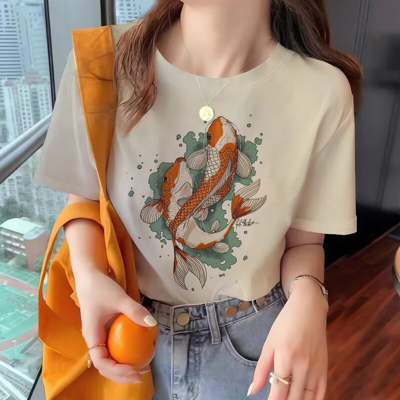 Женская модная футболка, летняя свободная футболка с коротким рукавом и принтом рыбы, повседневный топ с круглым вырезом, модная женская футболка с принтом