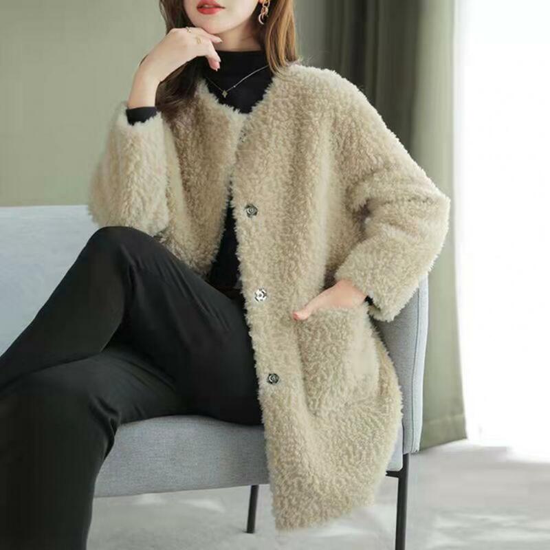Abrigo de invierno para mujer, cárdigan térmico de felpa gruesa, abrigo largo y bolsillos con cuello redondo de Color sólido, chaqueta de longitud media para mujer