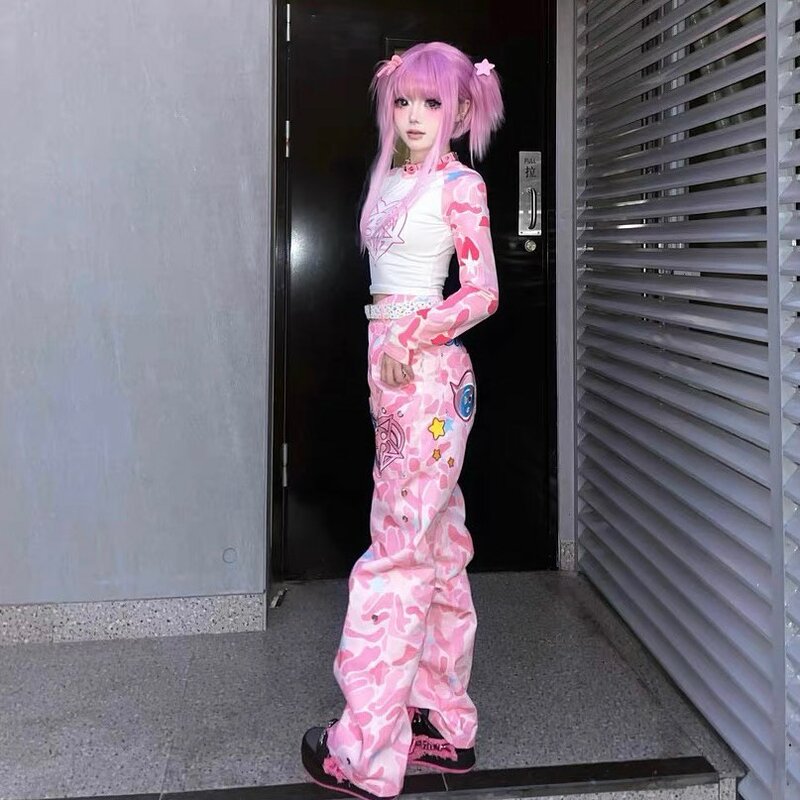 Rosa Camuflagem Tie-Dye Padrão feminino impresso Casual calça reta, jeans feminino, rua hip-hop, nicho, quente, quente, americano
