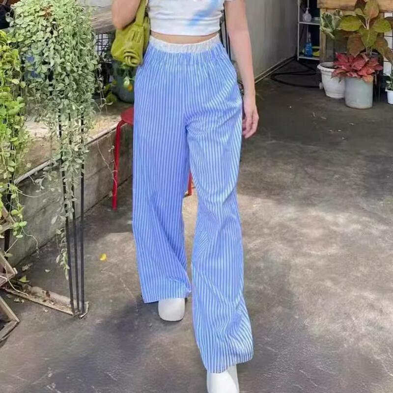 Work Leisure Pants Stylish Vertical Stripe High Waist Wide Leg Pants with Pockets for Women Summer Work Leisure Trousers Long